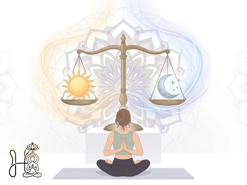 Hình minh họa ý nghĩa Hatha Yoga với biểu tượng mặt trời và mặt trăng trên cán cân